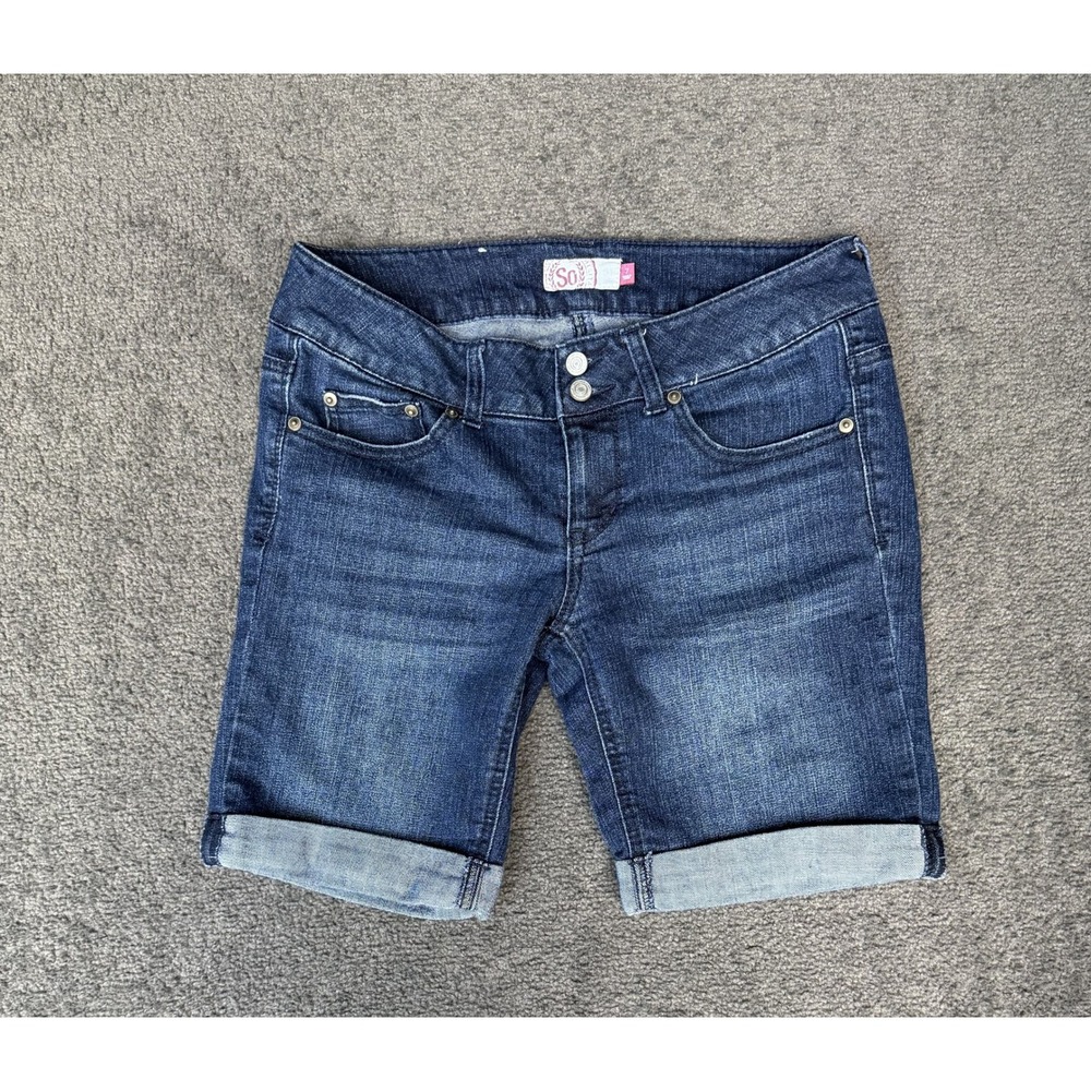 SO Women Dark Wash Denim Bermuda Shorts Size 7 Cuffed Stretch Double Button